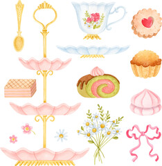 Watercolor pink dessert stand, teacup, saucer, golden spoon, bouquet, cookies, merengue and sweets 