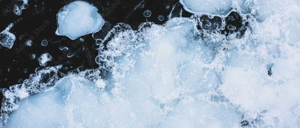 Poster Frozen texture of snow with ice patches creating a slippery surface on a dark backdrop