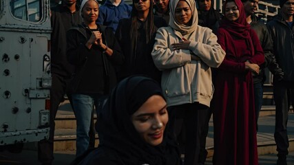 Woman wearing hijab standing near damaged bus, placing right hand over heart amid group of people, embodying unity and solidarity during peaceful protest