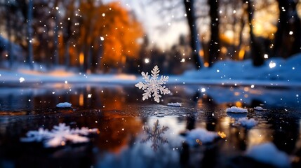 Winter Wonderland: A Snowflake's Serene Reflection on Icy Water