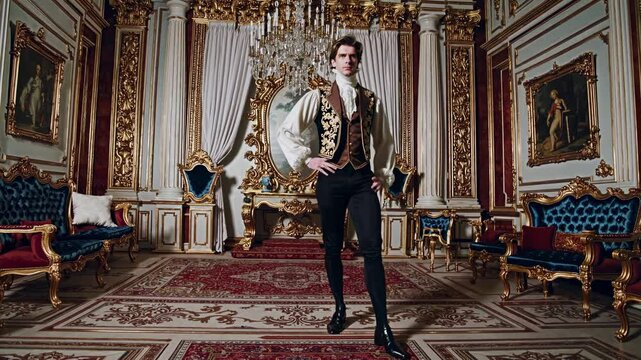 Nobleman standing in opulent palace ballroom, wearing elaborate historical costume, exuding aristocratic elegance and confidence within ornate baroque interior
