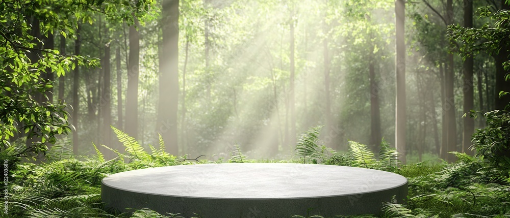 Poster serene forest scene with a circular platform.