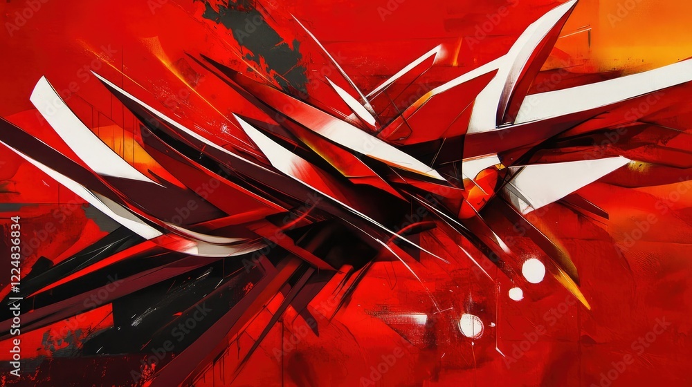 Poster abstract composition of dynamic shapes and bold colors in a red and black background, featuring intr