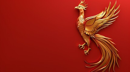 Fototapeta premium A 3D render of a golden phoenix bird with its wings spread wide, set against a red background.