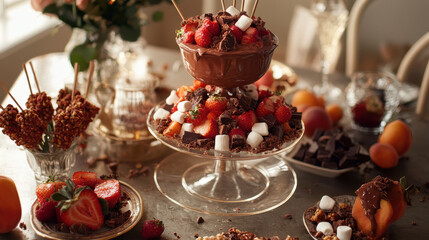 Delicious Dessert Display Featuring Chocolate, Strawberries, and Marshmallows in a Cozy Setting