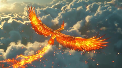 A phoenix bird with fiery wings is flying above clouds.