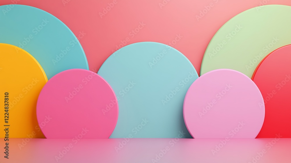 Poster colorful geometric shapes in soft pastels on ambient background with smooth curved surfaces and mini