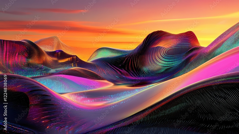 Poster a futuristic digital landscape with dynamic wave patterns and data visualizations in vibrant neon co