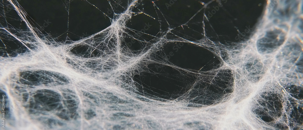 Poster Intricate details of a spider web captured in macro view against a dark background
