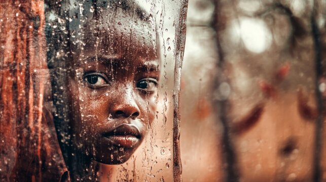 Face of a child with water droplets adorning the glass, reflecting serene emotions and a moment of contemplation