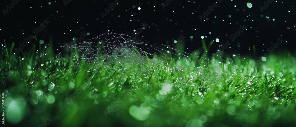 Poster intricate spider web glistening in grass under dark background with natural elements