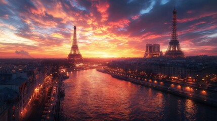 Obraz premium Surreal sunset over Paris with multiple Eiffel Towers