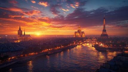 Naklejka premium Surreal sunset over Paris with multiple Eiffel Towers