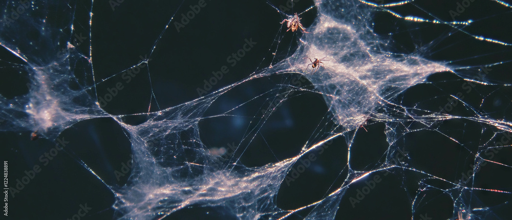 Aufkleber Intricate spider web captures natural predator and prey interaction under dark backdrop