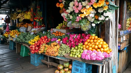 Vibrant market scene showcasing a variety of fresh fruits and flowers with wooden stalls and greenery