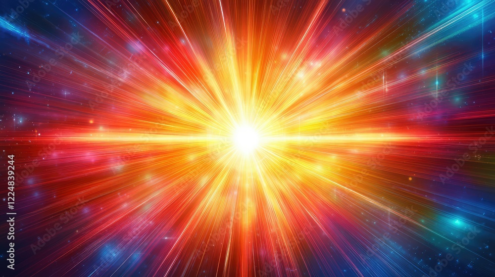 Poster vibrant explosion of colorful light rays radiating from a central point in a cosmic background, crea