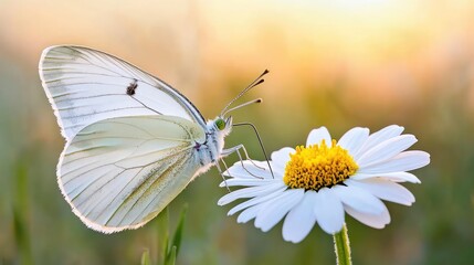 White butterfly on daisy at sunrise, nature background, peaceful scene, ideal for nature or serenity themes