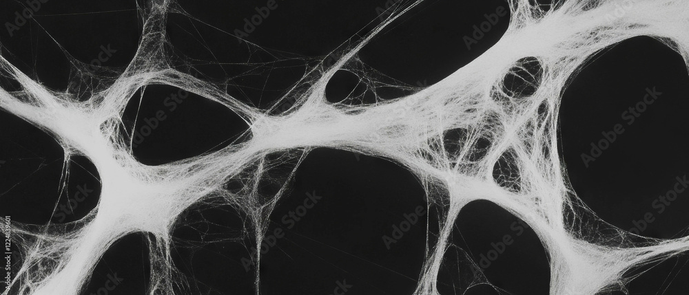 Poster Intricate spider web texture on a black background showcasing natural randomness