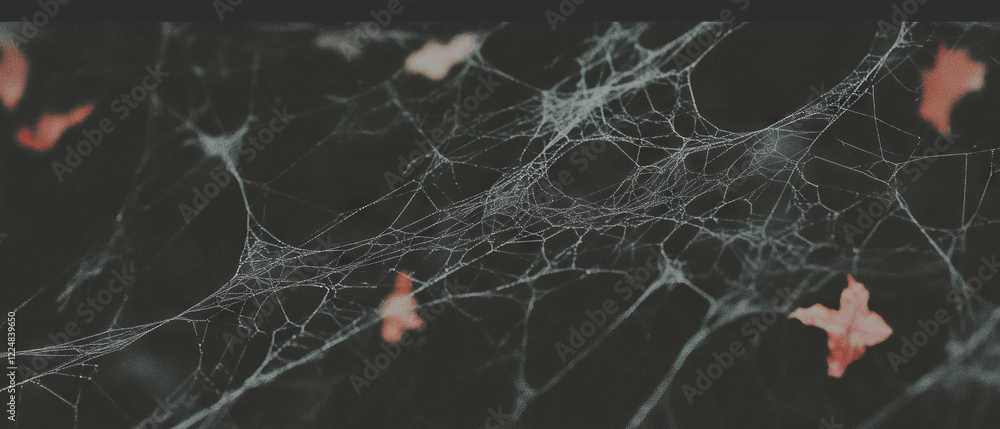 Poster overlay texture of spider web intertwined with leaves in a natural setting against black background