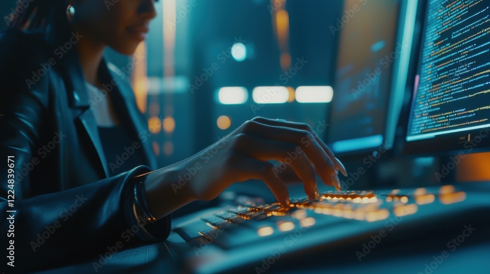 Poster a woman is typing on a computer keyboard in a dark room. generative ai