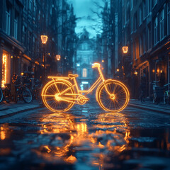 Neon bicycle in rain-slicked city street at night.