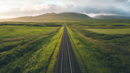 Obraz premium Lush green landscape with railway tracks leading to distant mountains under cloudy sky