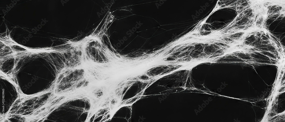 Aufkleber Complex spider web texture with overlapping strands against a black background