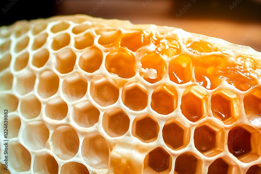 Poster close-up of honeycomb filled with golden honey shows the intricate hexagonal structure and glistenin