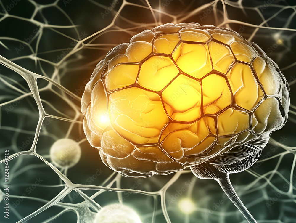 Poster 3d illustration of human brain showing neural network structure and connections in close-up view.