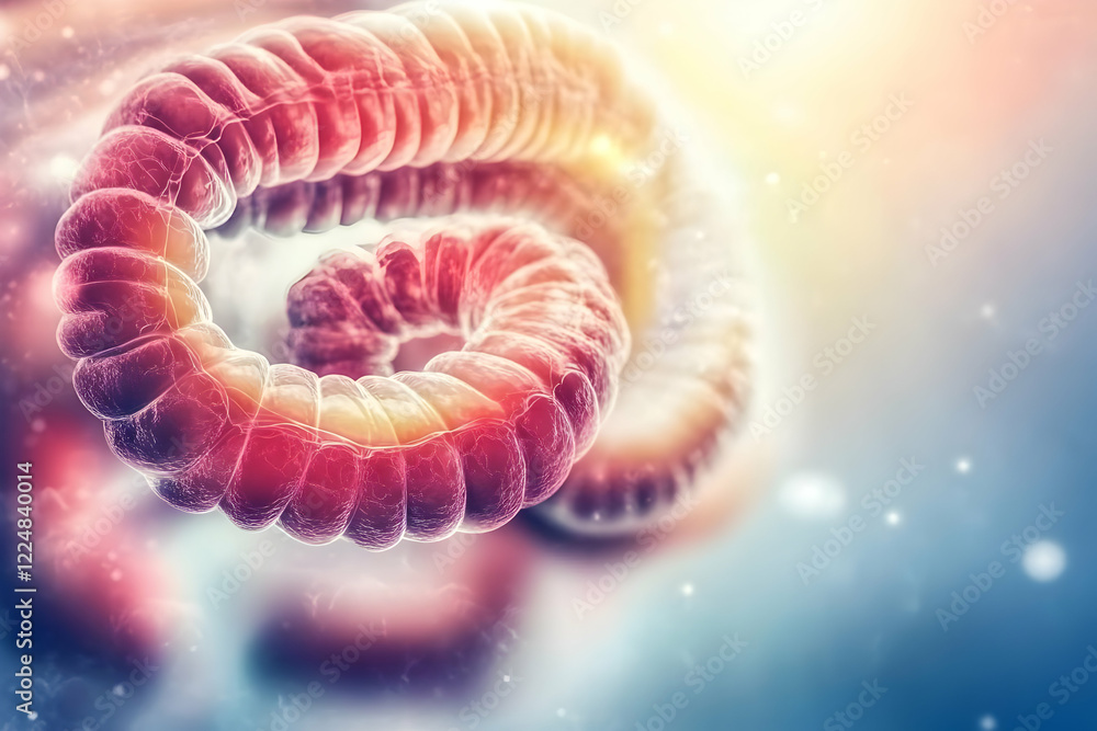 Poster microscopic view of a tubular structure resembling an intestine or worm, with detailed textures and 