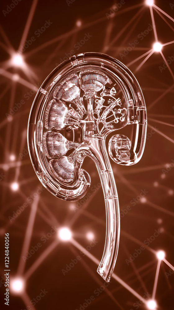 Poster glass kidney model illustrates internal structure and function with detailed anatomy on a network ba