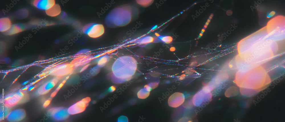 Poster elegant spider web texture with rainbow colors and iridescent sheen on black background