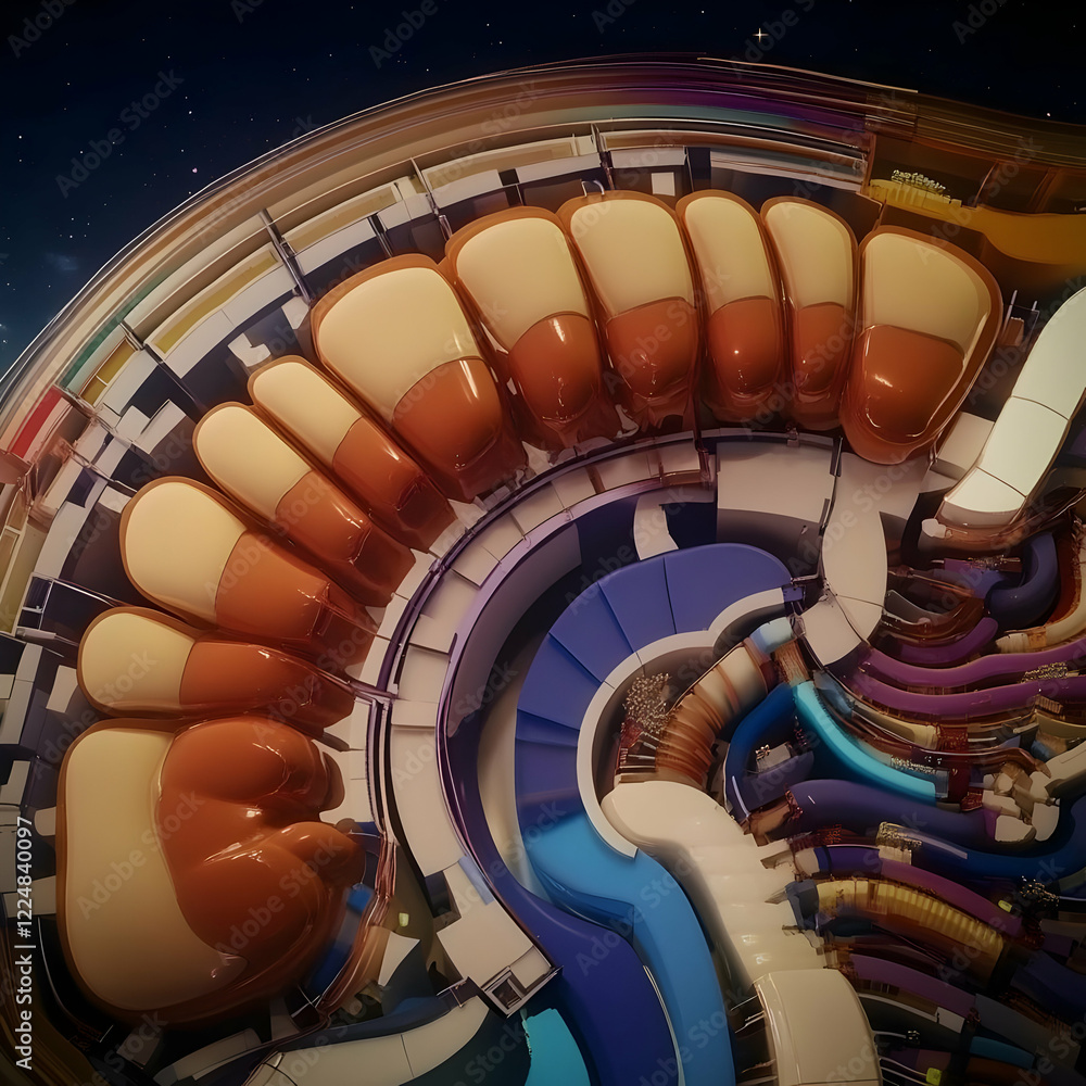 Poster abstract 3d illustration shows complex structure with curved elements and vivid colors under a starr