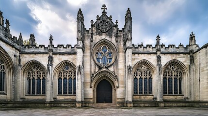 Obraz premium A Gothic cathedral facade with ornate details and pointed arches, dramatic and historical
