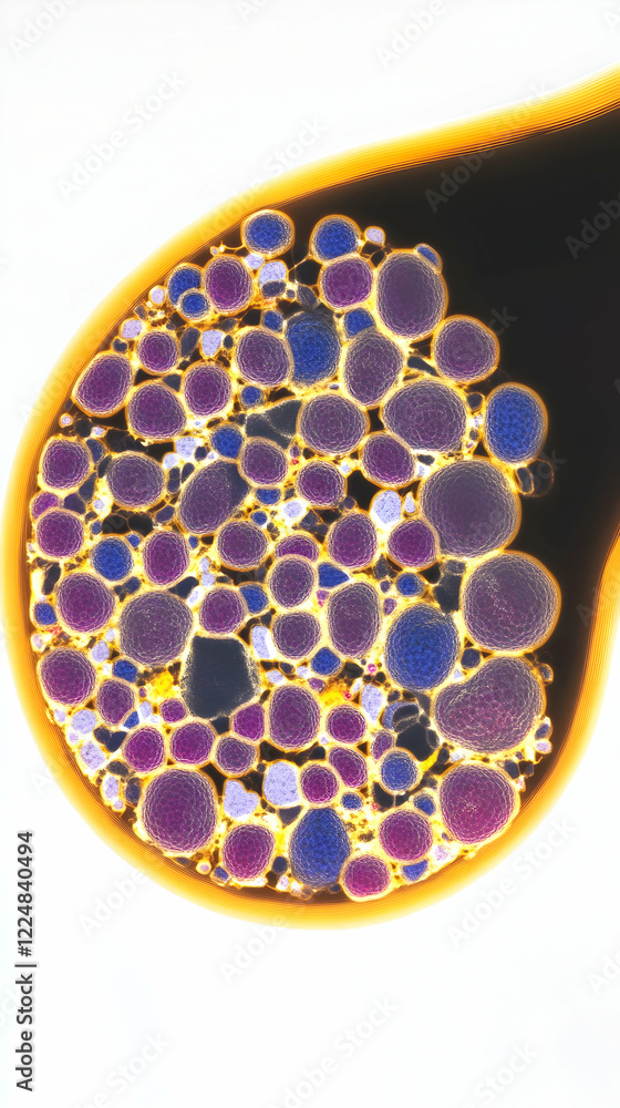 Poster microscopic view of colorful spheres clustered within a teardrop-shaped membrane