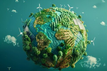 Un pianeta terra stilizzato con piccoli campi coltivati, pale eoliche e pannelli solari, che rappresenta un modello di mondo sostenibile
