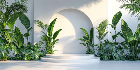 Lush tropical greenery surrounds a minimalist white tiered display.