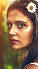 Naklejka premium Young woman with a fresh daisy in her hair enjoys nature during golden hour in a serene outdoor setting