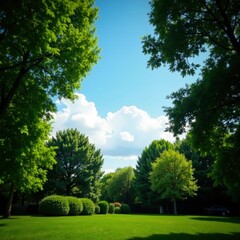 Thin wispy clouds peek through the trees of a residential garden, residential, natural