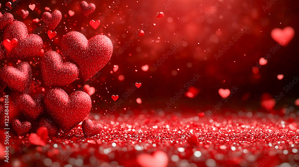 Poster lots of red hearts falling or hovering over the shiny red surface. hearts of different sizes, some l