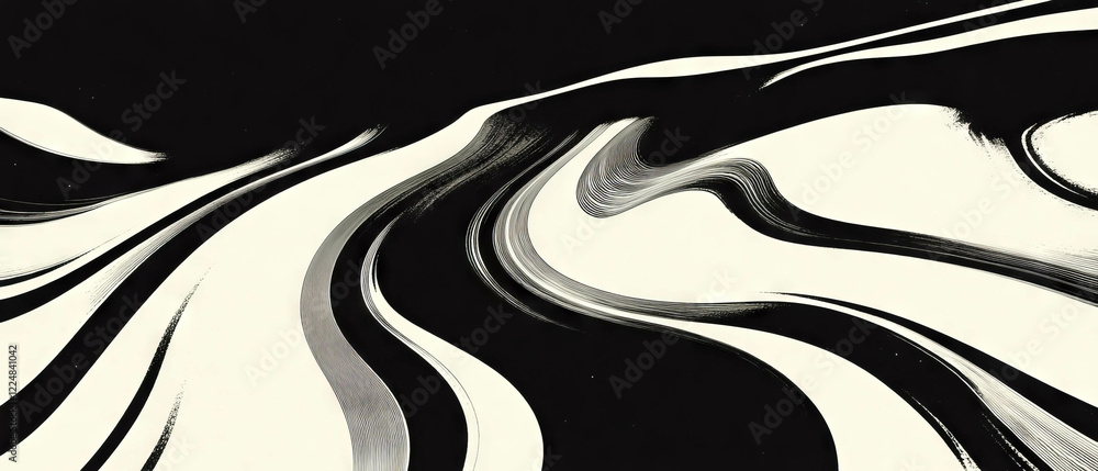 Poster Swirling paper patterns with dynamic effect on a deep black background