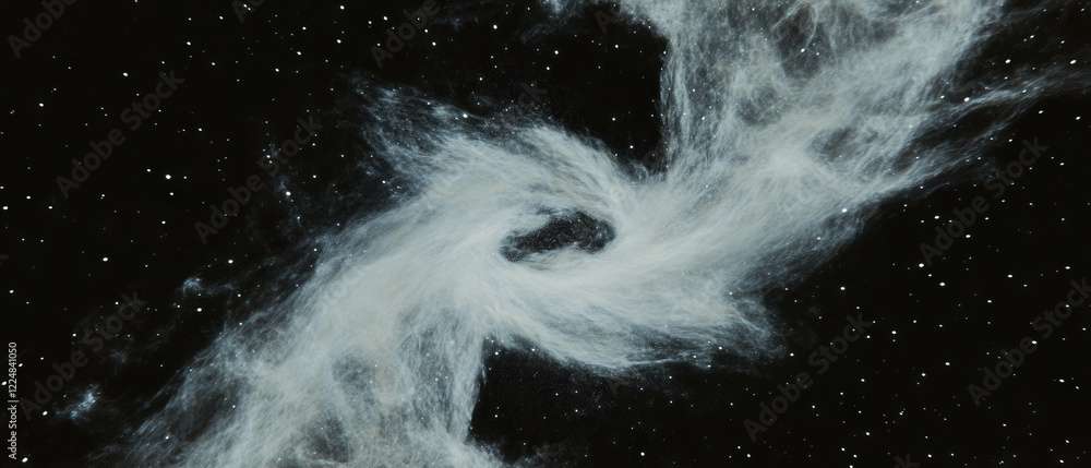 Poster Swirling spiral dust patterns create dynamic vortex effect on black background