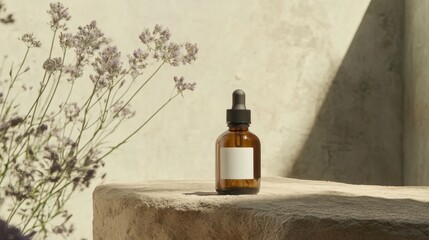 Amber Glass Dropper Bottle with Blank Label on Minimalist Surface