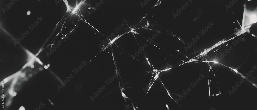 Poster Three-dimensional broken glass texture with central empty space on black background