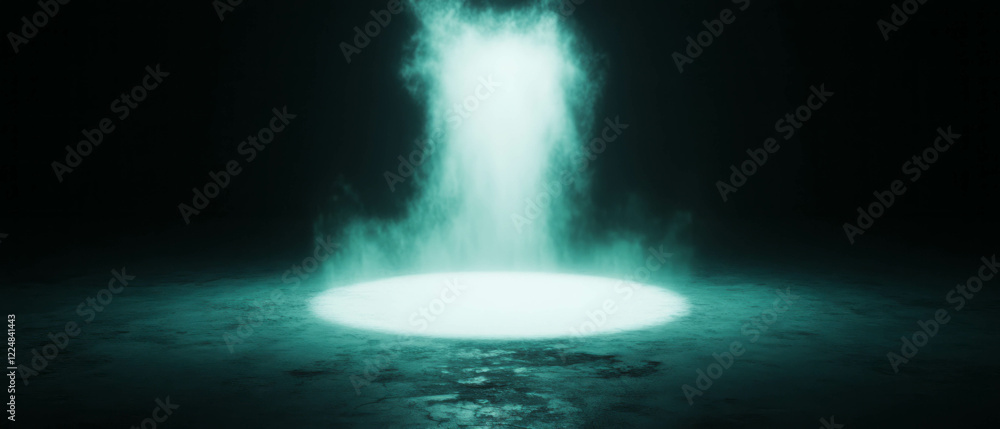 Poster Three-dimensional dust texture with floating light and central depth in black background