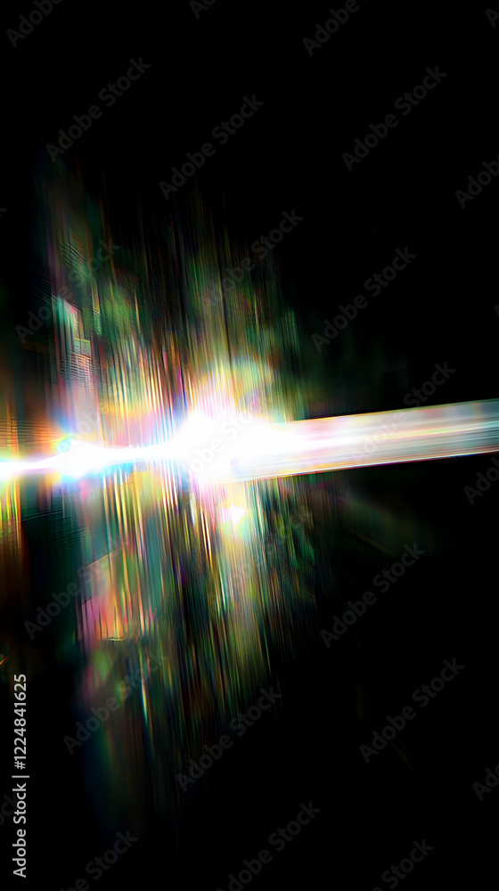 Poster abstract light streaks across a dark background with colorful vertical lines and motion blur effects