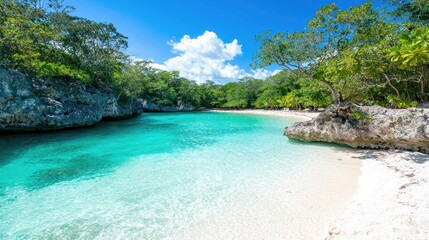 Fototapeta premium Secluded tropical beach cove, turquoise water, lush greenery, sunny sky; travel brochure