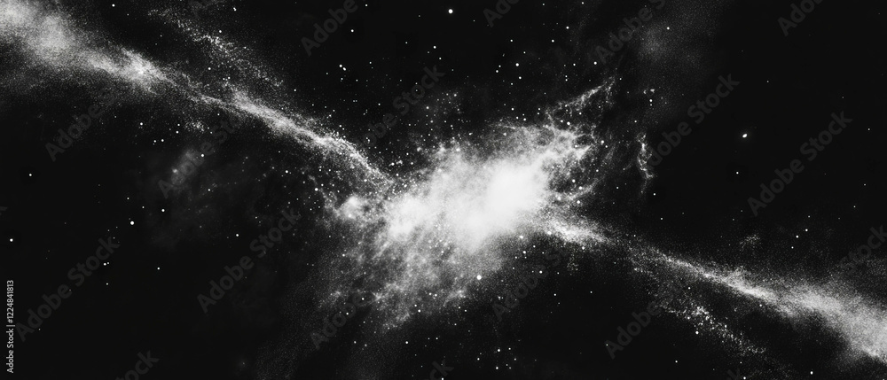 Poster microscopic dust particles float within a central clear area against a black background