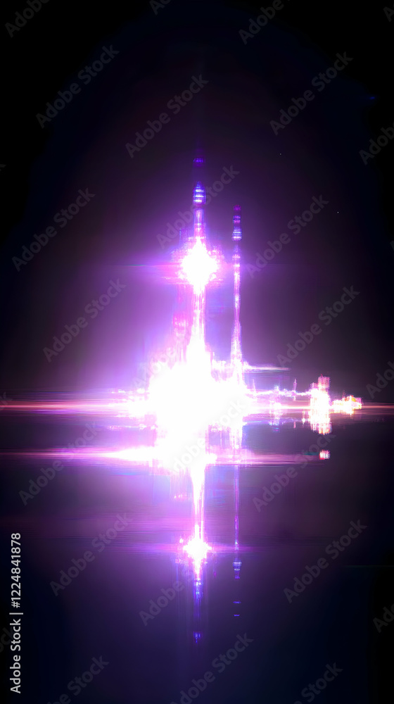 Poster abstract light streaks and glowing shapes form a cross on dark background with digital glitch effect