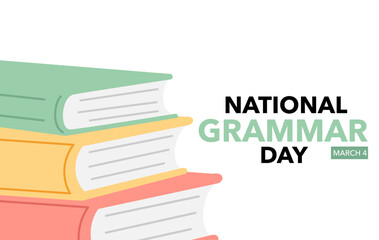 National grammar day banner with stack of books. March 4.